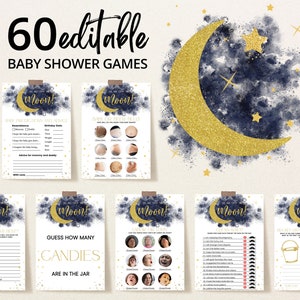 Editable Blue We are Over the Moon Baby Shower Game Bundle, Twinkle Little Star Shower Game Pack, Gold Moon Star Boy Shower Games, BBS749