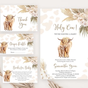Lot d&#39;invitations modifiable pour baby shower vache sacrée, invitation à une baby shower vache des Highlands non sexiste, invitation vache des Highlands bohème, herbe des pampas BBS386