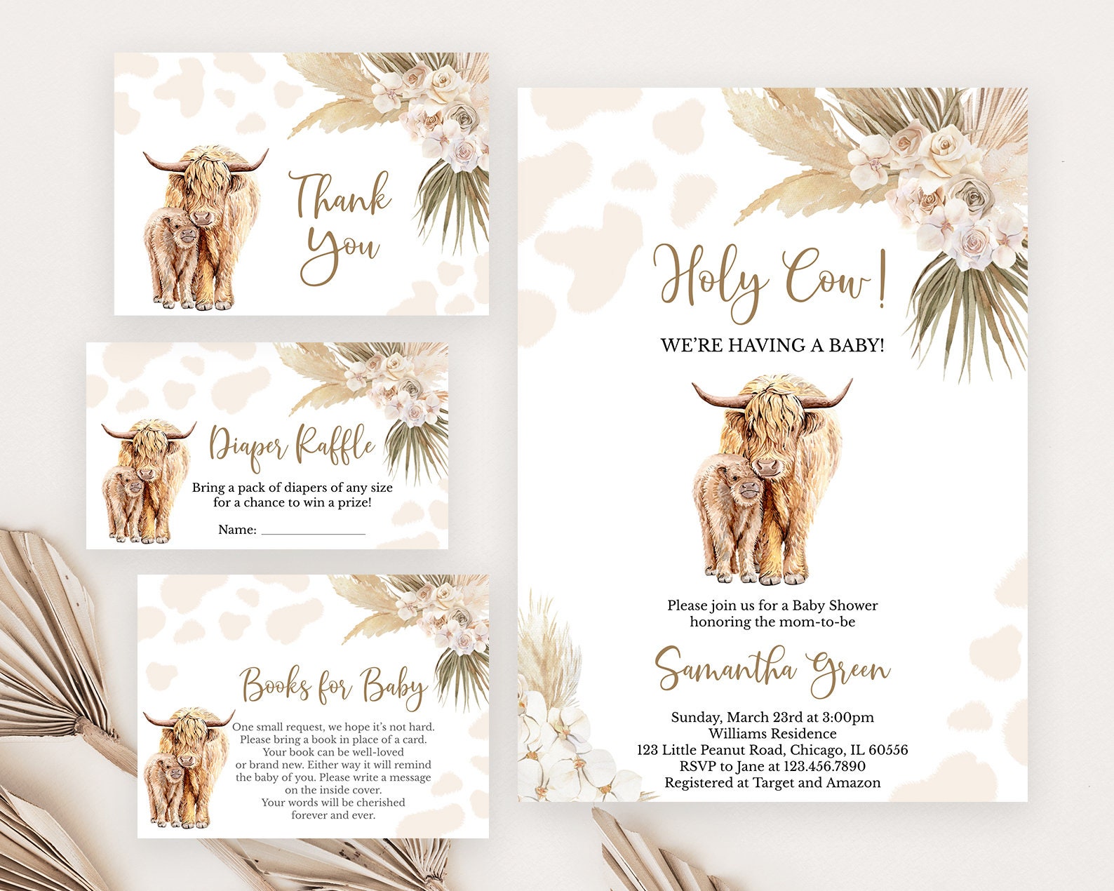 Editable Holy Cow Baby Shower Invitation Bundle, Gender Neutral Highland  Cow Baby Shower Invite,boho Highland Cow Invite,pampas Grass BBS386 - Etsy