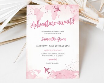 May include: Pink baby shower invitation with a watercolor world map and airplanes. The text reads "Adventure awaits" and includes the details of the event: date, time, location, and RSVP information. The invitation also mentions the registry at Target and Amazon.