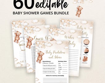Op de afbeelding: Een bundel van 60 bewerkbare babyshower-spelkaarten met een bruine teddybeer die witte ballonnen en wolken vasthoudt. De kaarten bevatten titels zoals Baby Predictions and Advice, Guess Who en Baby or Belly met tekst en schrijflijnen.