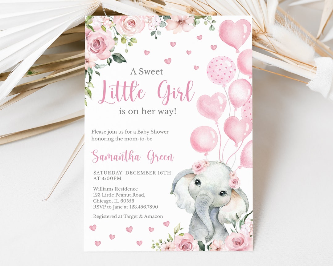Editable Pink Girl Elephant Baby Shower Invitation, Pink Floral ...