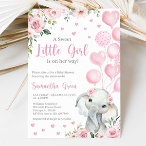 Editable Pink Girl Elephant Baby Shower Invitation, Pink Floral Elephant Baby Shower Invitation, Girl Baby Elephant Balloons, BBS593