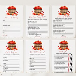May include: A set of six printable baby shower games. Each card features a watercolor illustration of a wooden basket overflowing with red apples. The games include advice for the mommy, and quizzes like "Who Knows Mommy Best?"