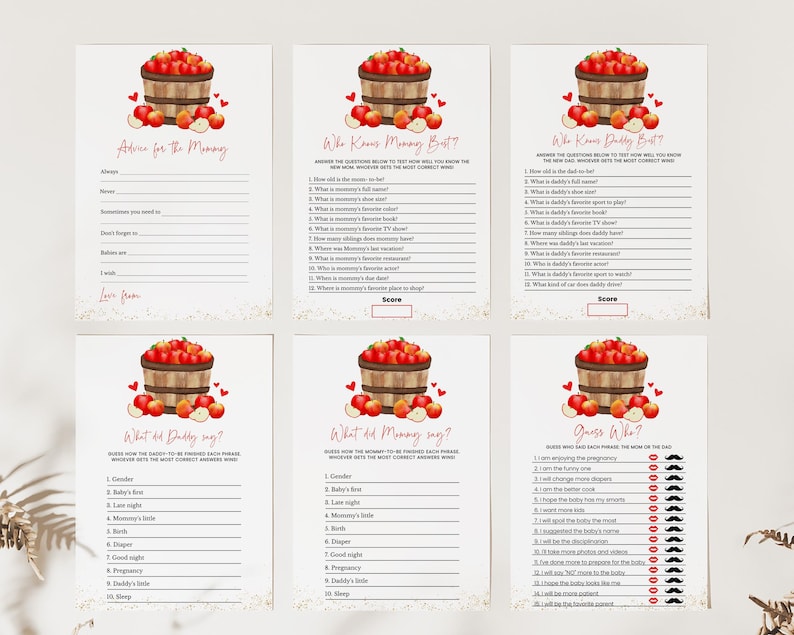 May include: A set of six printable baby shower games. Each card features a watercolor illustration of a wooden basket overflowing with red apples. The games include advice for the mommy, and quizzes like "Who Knows Mommy Best?"
