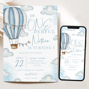 Bearbeitbare Mr. Onderful Geburtstagseinladung, Blauer Heißluftballon-Geburtstag einladen, Junge Mr. Onderful Blaue Wolken Geburtstag Mobile einladen, BRT266