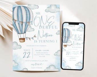 May include: A blue and white hot air balloon with a banner that says "Mr. One Derful Nathan is turning 1". The balloon is surrounded by white clouds on a light blue background. The text "March 22" is in the bottom left corner of the image. The text "1:00 pm - 5:00 pm" is in the bottom right corner of the image. The text "Smith's Residence, 1104 Party Drive, Trinity, New York" is in the bottom right corner of the image. The text "RSVP to Sabrina at 123.456.7890" is in the bottom right corner of the image. The text "Registered at Target & Amazon" is in the bottom right corner of the image.