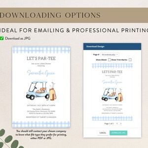 May include: A blue and white baby shower invitation with a golf cart and golf clubs. The invitation says "Let's Par-Tee" and includes the name "Samantha Green".