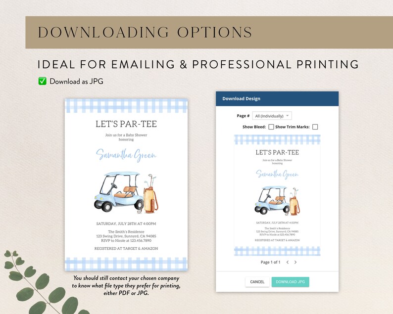May include: A blue and white baby shower invitation with a golf cart and golf clubs. The invitation says "Let's Par-Tee" and includes the name "Samantha Green".