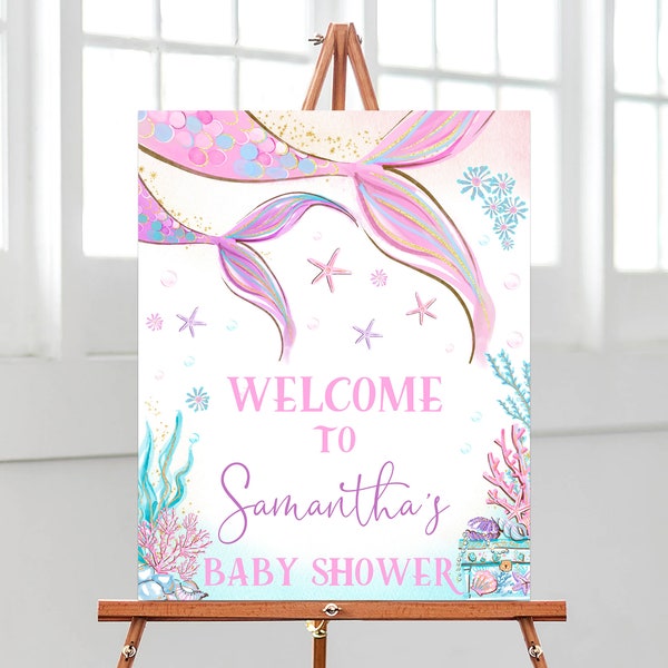 Editable Mermaid Baby Shower Welcome Sign, Under the Sea Poster Baby Shower, Sprinkle, Pink, Purple, Gold Mermaid Baby Shower, BBS304