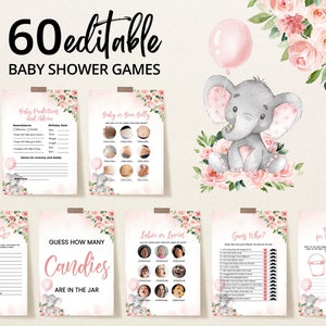 Lot de jeux de baby shower modifiable éléphant rose, lot de jeux de baby shower éléphant floral rose, jeux de baby éléphant fille, BBS715