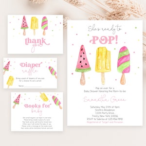 Editable She&#39;s Ready to Pop Baby Shower Invitation Bundle, Pink Popsicle Baby Shower Invite, Girl Summer Baby Shower, Sweets Shower, BBS379