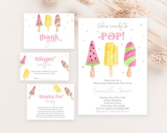 Editable She's Ready to Pop Baby Shower Invitation Bundle, Pink Popsicle Baby Shower Invite, Girl Summer Baby Shower, Sweets Shower, BBS379