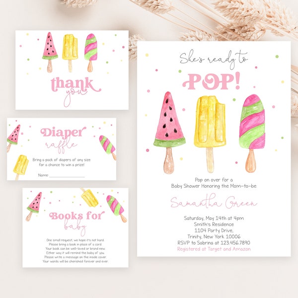 Editable She's Ready to Pop Baby Shower Invitation Bundle, Pink Popsicle Baby Shower Invite, Girl Summer Baby Shower, Sweets Shower, BBS379