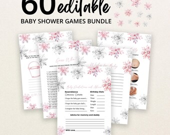 May include: A bundle of 60 editable baby shower game cards featuring a pink and silver snowflake pattern. The cards include text for games like Guess Who, Baby Predictions and Advice, and Wishes for Baby, with blank lines for writing responses.