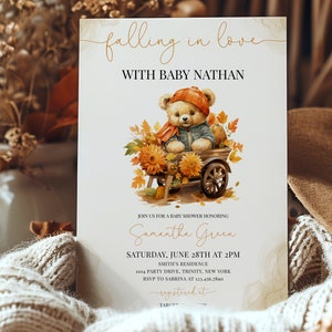 Bewerkbare Falling in Love Bear babyshower uitnodiging, Bear pompoen herfst babyshower uitnodigen, herfst Bear babyshower, BBS849