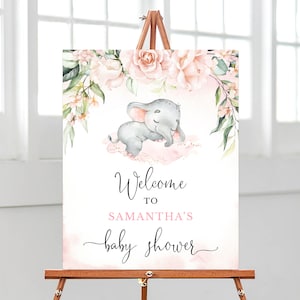 Editable Blush Girl Elephant Baby Shower Welcome Sign, Pink Floral Elephant Baby Shower Welcome Sign, Sleeping Baby Elephant Decor, BBS333