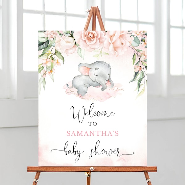 Editable Blush Girl Elephant Baby Shower Welcome Sign, Pink Floral Elephant Baby Shower Welcome Sign, Sleeping Baby Elephant Decor, BBS333