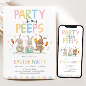 Puede incluir: Una invitación en colores pastel para una fiesta de Pascua con el texto "Party with my Peeps" y una imagen de dibujos animados de tres conejos que sostienen huevos de Pascua y zanahorias. La invitación incluye la fecha, la hora y la ubicación de la fiesta.