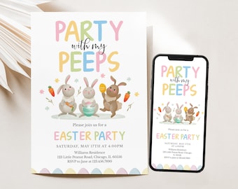 Editable Party With My Peeps Easter Party Invitation, Happy Rabbit Easter Egg Hunt Invite, Girl Bunny Easter Party Mobile Invitation, SNL583
