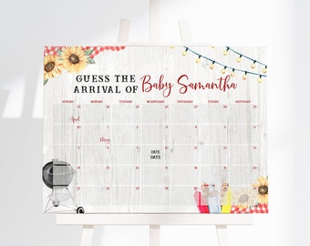 May include: A white wooden sign with a calendar for guessing the arrival date of Baby Samantha. The calendar has a red and white gingham pattern and sunflowers at the top and bottom. The sign also has string lights and a grill.
