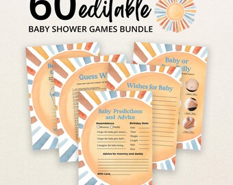 Könnte beinhalten: Ein Set aus 60 bearbeitbaren Babyparty-Spielkarten mit einem Aquarell-Sonnendesign in Orange, Blau und Gelb. Die Karten enthalten Titel wie Baby Predictions and Advice, Guess Who und Baby or Belly mit leeren Zeilen zum Ausfüllen.