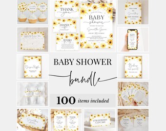 Edytowalny pakiet na baby shower ze słonecznikiem, pakiet zaproszeń na baby shower ze słonecznikiem w stylu rustykalnym dla dziewczynek, pakiet gier na baby shower ze słonecznikiem wiosennym, BBS614