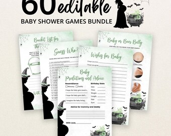 Editable A Baby is Brewing Green Halloween Baby Shower Game Bundle, Gender Neutral Witch Halloween Baby Shower Game Pack, Witch Games BBS433
