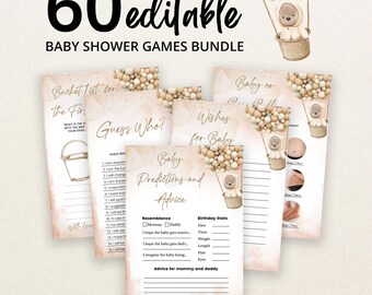 Op de afbeelding: Een bundel van 60 bewerkbare babyshower-spelkaarten met een beige en crème aquarelthema en illustraties van een teddybeer in een heteluchtballon. De tekst bevat titels zoals Bucket List, Guess Who en Baby Predictions and Advice.