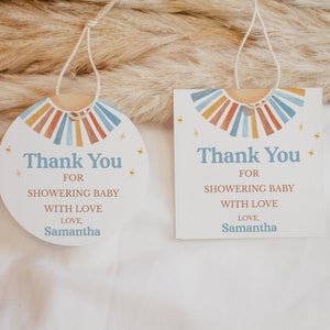 Etiqueta editable para baby shower con mensaje Sunshine, etiqueta de agradecimiento para baby shower Here Comes the Son, obsequios para fiesta de baby shower Boy Boho Sonshine, BBS398