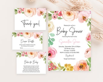 May include: A set of baby shower stationery with a floral watercolour design. Includes an invitation, thank you card, diaper raffle card, and a card for books for baby. The invitation has the text "Baby Shower".