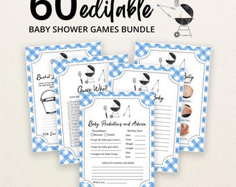 Peut inclure: Un lot de 60 cartes de jeux de fête prénatale modifiables avec une bordure vichy bleue et blanche. Chaque carte présente du texte noir, un graphique de barbecue et des lignes pour écrire. Le texte en haut indique 60 editable BABY SHOWER GAMES BUNDLE.