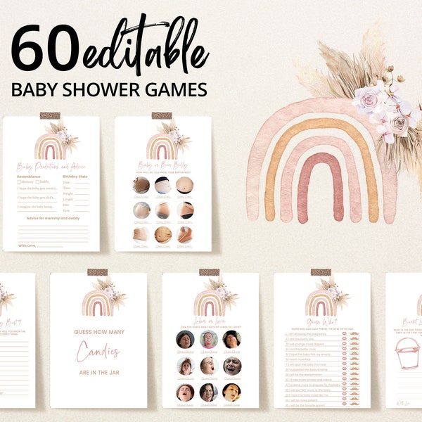 Editable Boho Rainbow Baby Shower Game Bundle, Rustic Rainbow Baby Shower Game Pack, Girl Rainbow Baby Shower Pampas Grass Games, BBS404