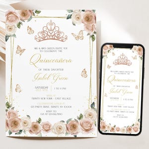 Editable Pink and Rose Gold Quinceañera Invitation, Butterfly Floral Birthday Invite, Floral Mis Quince Anos, Princess Quince Invite BRT351