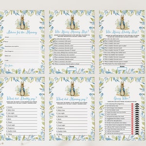 May include: A set of six printable baby shower game cards featuring a blue and green floral design with a rabbit illustration. The cards include games like "Who Knows Mommy Best?", "Who Knows Daddy Best?", "What Did Daddy Say?", "What Did Mommy Say?", "Advice for the Mommy", and "Guess Who?"