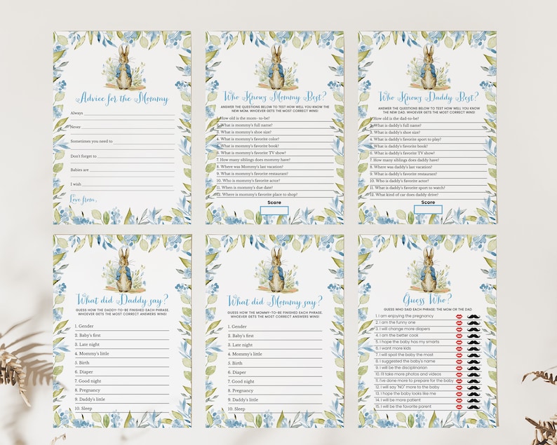 May include: A set of six printable baby shower game cards featuring a blue and green floral design with a rabbit illustration. The cards include games like "Who Knows Mommy Best?", "Who Knows Daddy Best?", "What Did Daddy Say?", "What Did Mommy Say?", "Advice for the Mommy", and "Guess Who?"