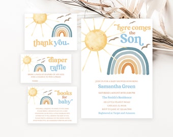 Ensemble d’invitations à la douche de bébé Sunshine modifiable, voici l’invitation à la douche de bébé Son, douche Boy Sonshine, douche Boho Sunshine, BBS399