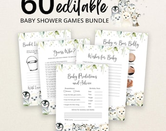 Editable Winter Arctic Animals Baby Shower Game Bundle, Greenery Winter Baby Shower Game Pack, Wild One Winter Baby Shower Games, BBS343