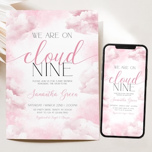 Convite editável para chá de bebê "On Cloud 9", pacote de convites para chá de bebê "Pink Cloud Nine", convite para chá de bebê "Girl We're on Cloud Nine", BBS1042