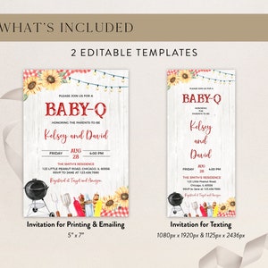 K&ouml;nnte beinhalten: Zwei druckbare Babyparty-Einladungen mit rustikalem Holz-Hintergrund, Sonnenblumen und rotem Gingham. Der Text lautet "Bitte schlie&szlig;en Sie sich uns zu einem Baby-Q an, zu Ehren der werdenden Eltern Kelsey und David".