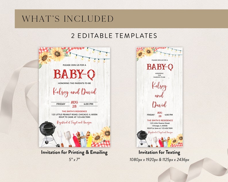 K&ouml;nnte beinhalten: Zwei druckbare Babyparty-Einladungen mit rustikalem Holz-Hintergrund, Sonnenblumen und rotem Gingham. Der Text lautet "Bitte schlie&szlig;en Sie sich uns zu einem Baby-Q an, zu Ehren der werdenden Eltern Kelsey und David".