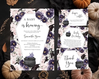 Editable Purple Girl Gothic Halloween Baby Shower Invitation Bundle, Baby is Brewing Cauldron Roses Baby Shower, Coffin-shaped Invite,BBS766