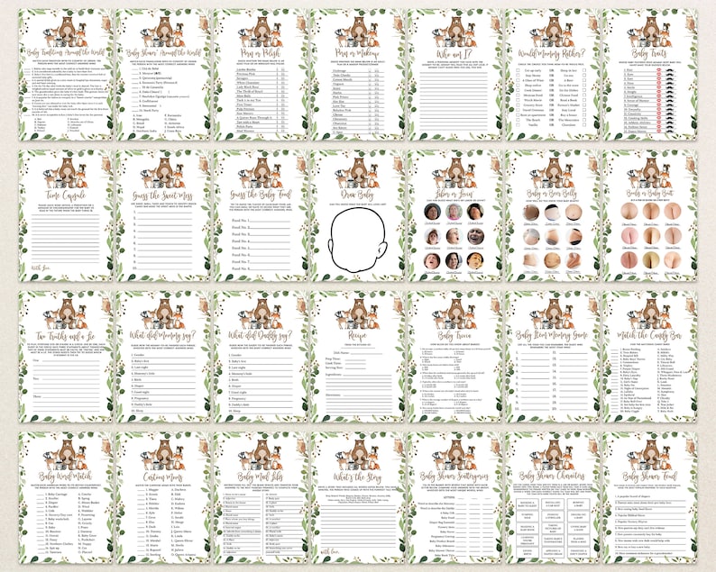 Editable Woodland Baby Shower Game Bundle, Boy Woodland Baby Shower Games, Woodland Animals Game Pack, Greenery Woodland Baby Shower, BBS301 zdjęcie 8