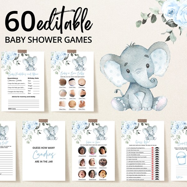 Paquete editable de juegos de baby shower de elefante, juegos de baby shower de elefante floral azul, actividades de baby shower de elefante floral, BBS259