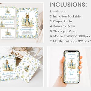 Op de afbeelding: Een set met printbare babyborrel-uitnodigingen met Peter Rabbit in een blauw jasje. De uitnodiging bevat een bedankkaart, een luierspel en mobiele uitnodigingen. De tekst op de uitnodiging luidt "Een klein konijntje is onderweg!" en "Samantha Green".