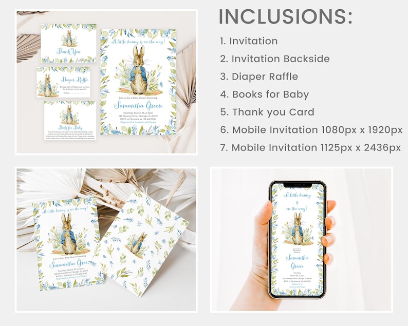 Op de afbeelding: Een set met printbare babyborrel-uitnodigingen met Peter Rabbit in een blauw jasje. De uitnodiging bevat een bedankkaart, een luierspel en mobiele uitnodigingen. De tekst op de uitnodiging luidt "Een klein konijntje is onderweg!" en "Samantha Green".