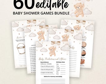 Op de afbeelding: Een bundel van 60 bewerkbare babyshower-spelkaarten met een teddybeer die een bos ballonnen vasthoudt, wolken en sterren. De kaarten bevatten teksten zoals Baby Predictions and Advice, Bucket List en Guess Who, met lege lijnen om op te schrijven.