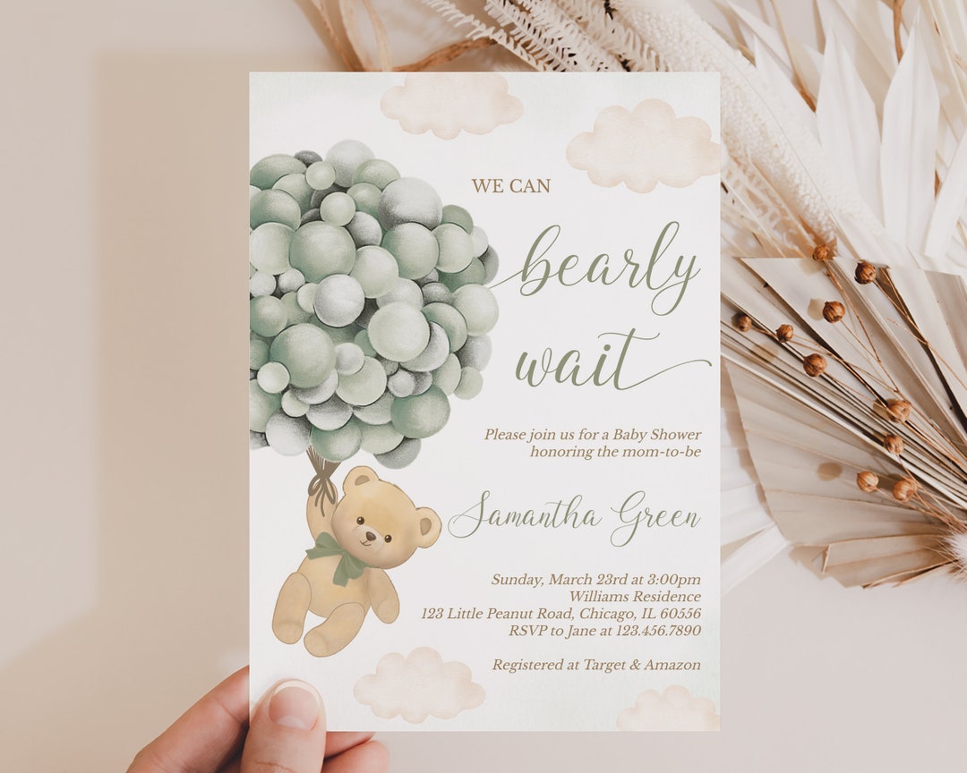 Editable Green Bear Balloon Baby Shower Invitation, We Can Bearly Wait ...