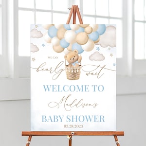 Panneau de bienvenue modifiable pour baby shower garçon bleu montgolfière, affiche de baby shower We can Bearly Wait, décor de baby shower ours brun, BBS459