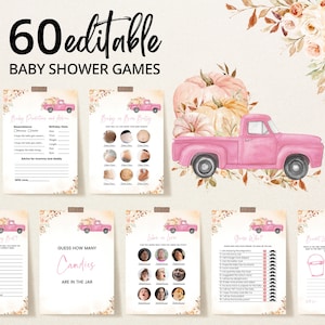 Editable Fall Pumpkin Truck Baby Shower Game Bundle, Pink Pumpkin Truck Baby Shower Game Pack, Girl Pumpkin Fall Baby Shower Games, BBS449